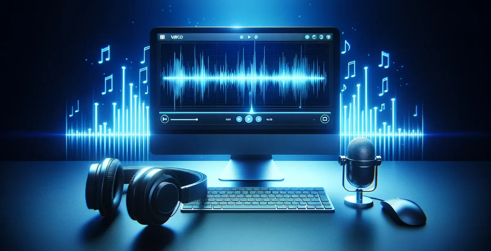 Bilgisayar, kulaklık ve masa üstü mikrofon içeren dijital bir çalışma alanında yer alan otomatik transkripsiyon yazılımı.