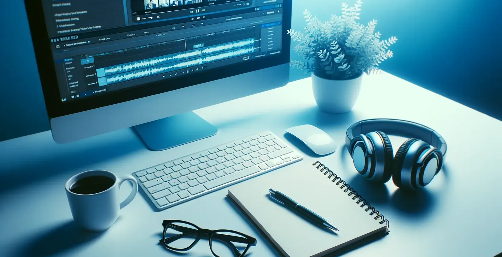 Área de trabalho com computador exibindo software de transcrição de áudio, fones de ouvido, bloco de notas, óculos e caneca.
