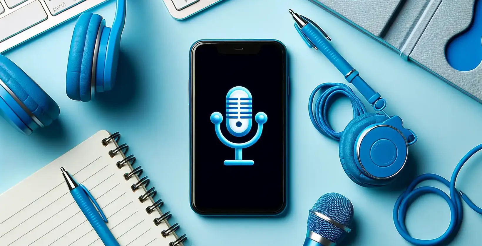 Aplicação para transcrever áudio apresentada num smartphone com auscultadores azuis, bloco de notas e acessórios tecnológicos.