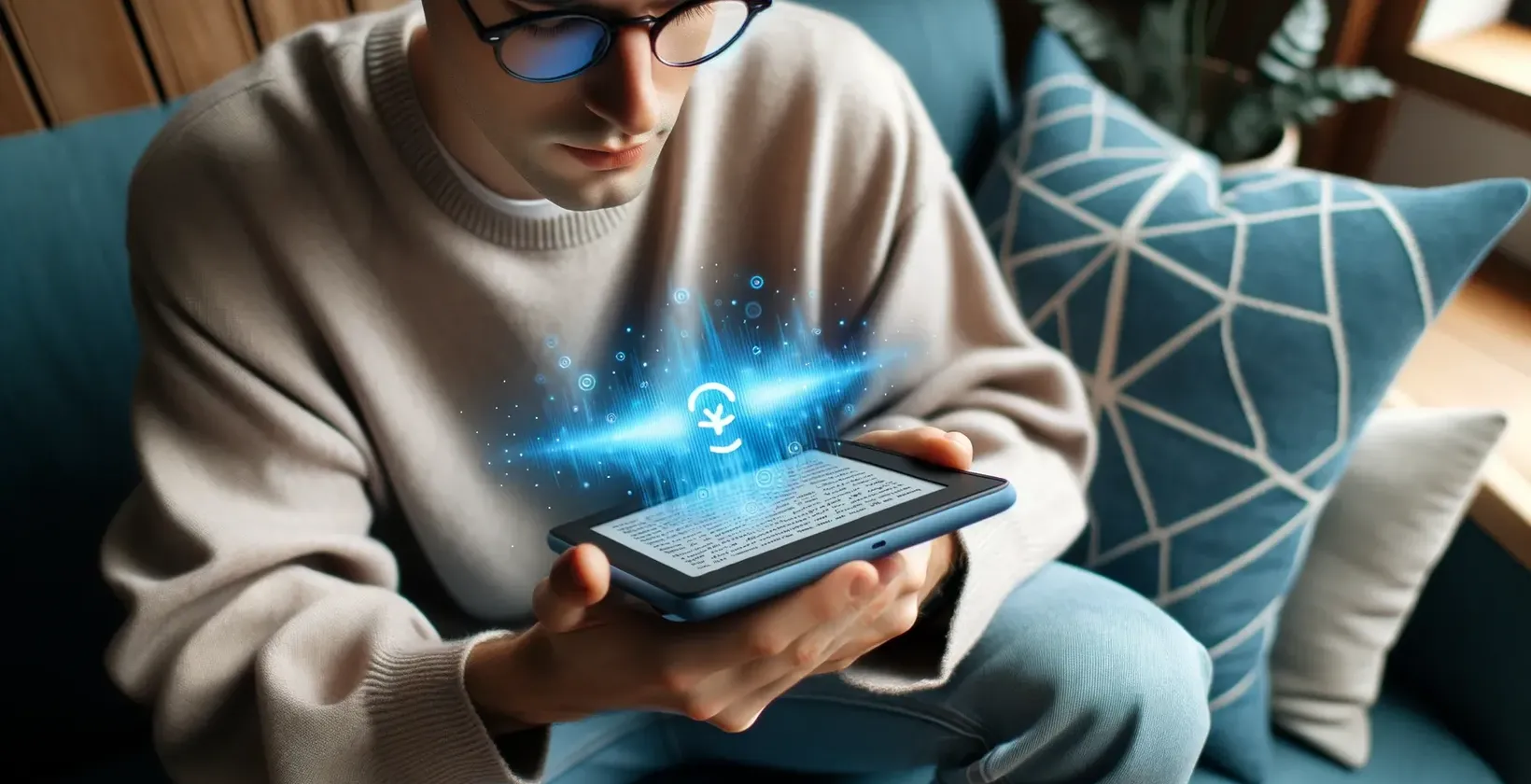 Pria muda berkacamata menggunakan tablet, dengan simbol aplikasi ucapan-ke-teks yang muncul dari layar