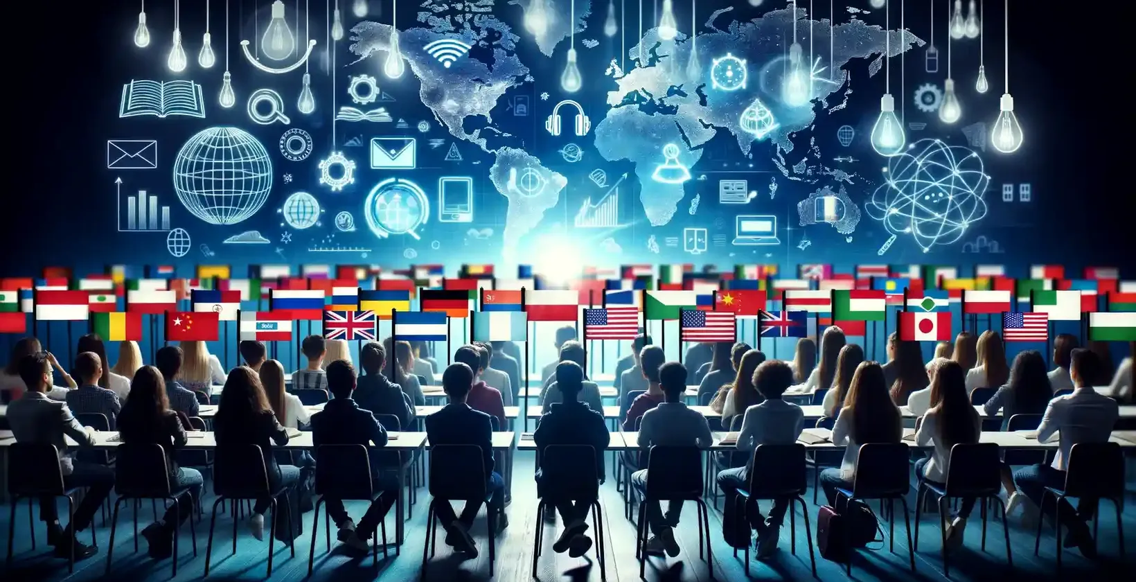 Conférences multilingues illustrées par des étudiants dans un auditorium regardant une projection de carte du monde entourée de symboles.