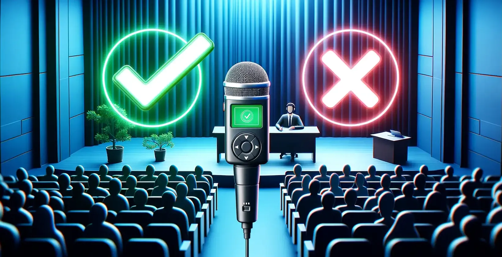 I pro e i contro della trascrizione delle conferenze sono illustrati da simboli di spunta e croce illuminati accanto a un microfono.