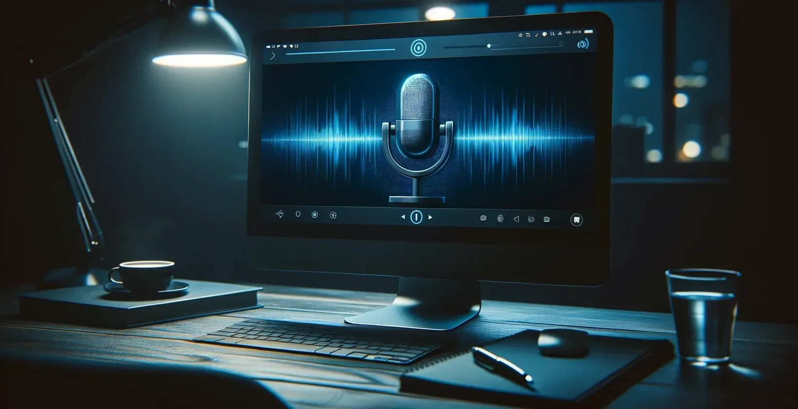 Ein Diktierprofi in einem Studio mit Kopfhörern und Mikrofon bereitet sich mit einer holografischen Schnittstelle auf seinem Laptop vor.