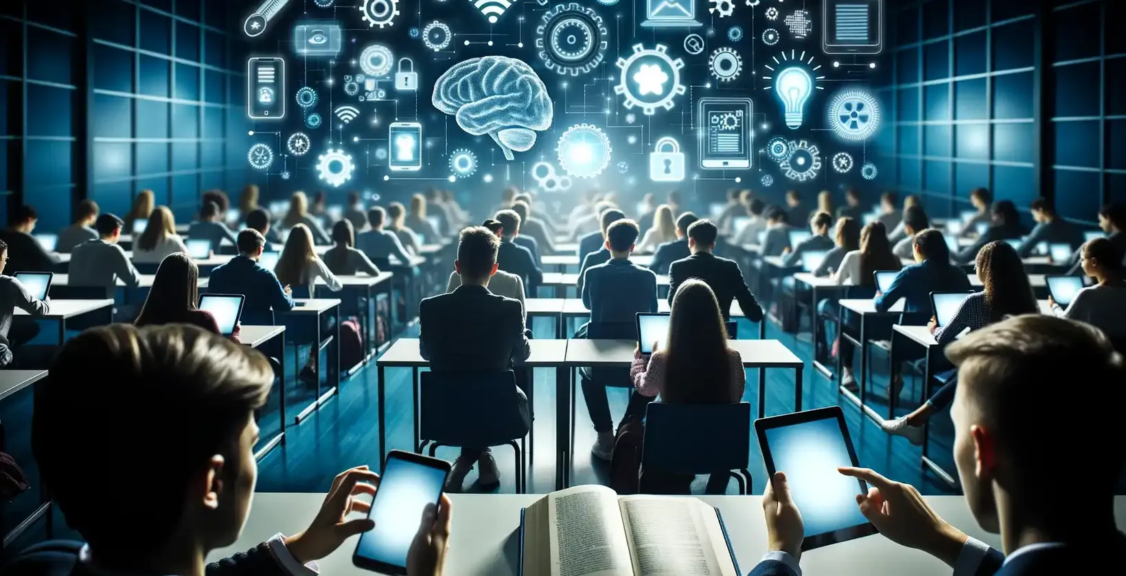 Um grande grupo de estudantes numa sala de aula futurista, todos equipados com computadores portáteis e tablets.