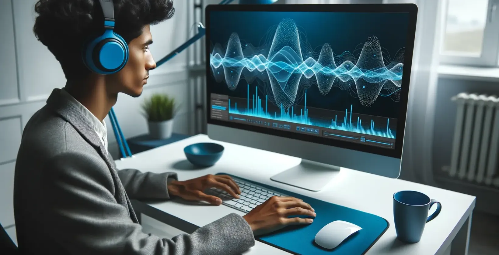 En ung person med hörlurar analyserar ljudvågor på en datorskärm.