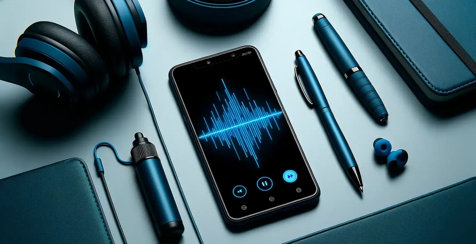 Смартфон със звукови вълни, слушалки и инструменти, представляващи приложение за транскрипция.