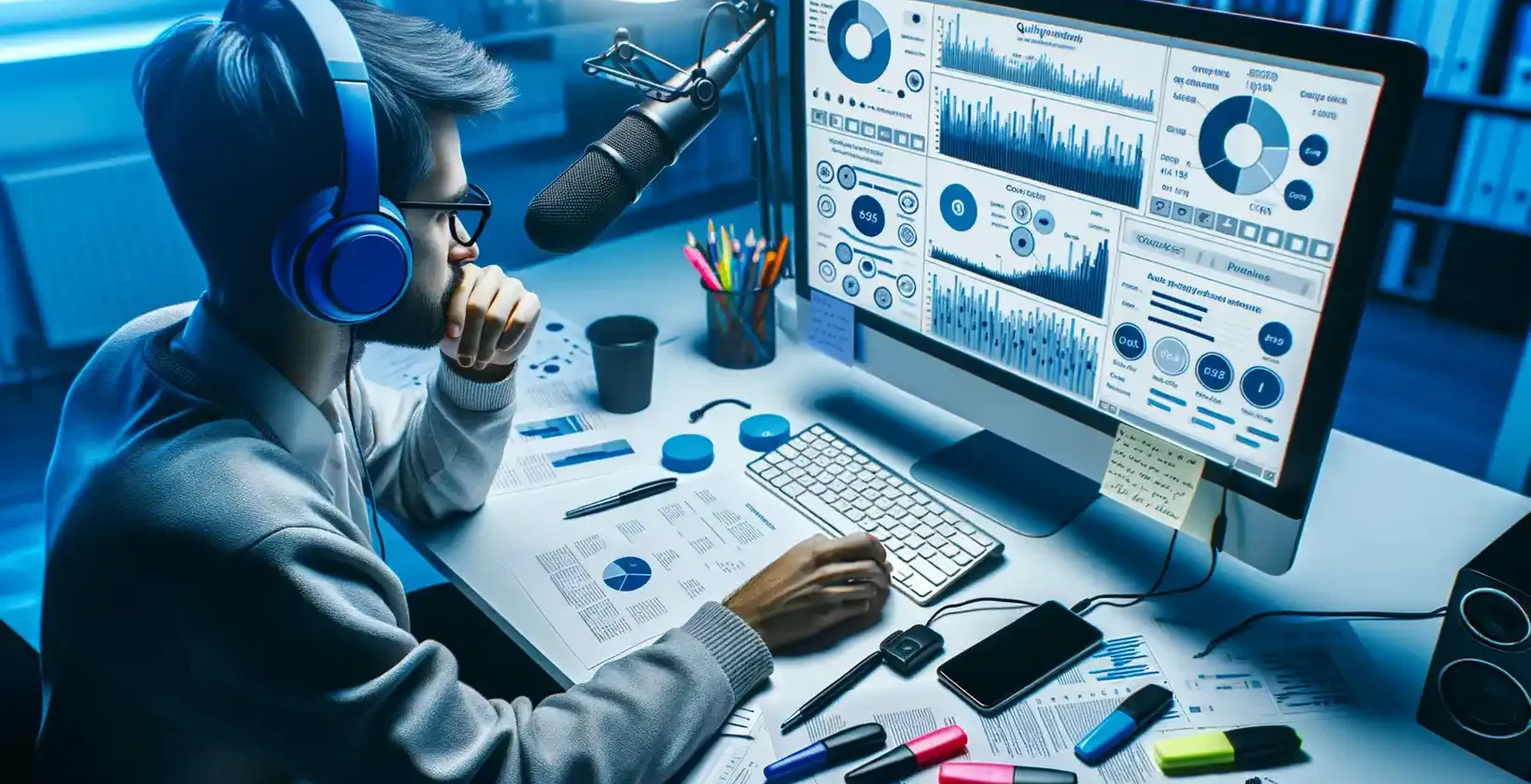 Academic transcription service depicted by a professional with headphones, mic, and a holographic interface on a laptop
