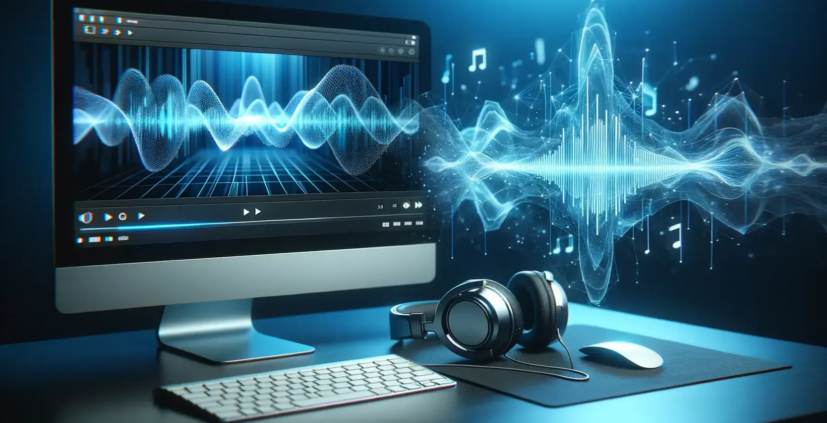 Perisian transkripsi audio lanjutan diwakili oleh monitor dengan bentuk gelombang audio dan fon kepala