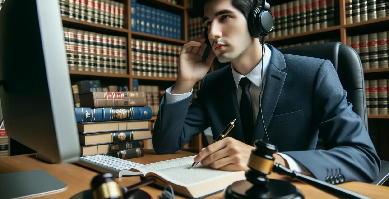 Services de transcription juridique présentés par un professionnel muni d'écouteurs dans une bibliothèque juridique.
