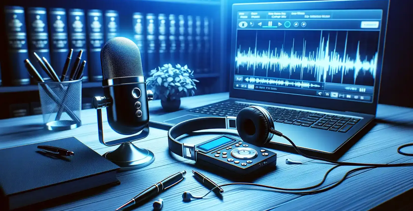 Микрофон, слушалки и лаптоп прикажувајќи аудио бранови форми, истакнувајќи го процесот на транскрипција.