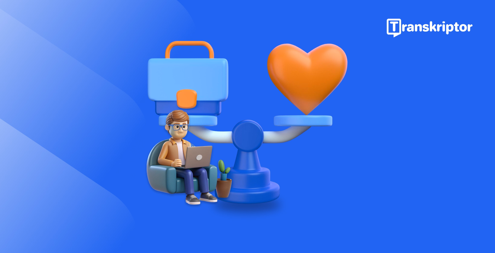Person with laptop on balance scale showing work elements and personal life components in equilibrium.