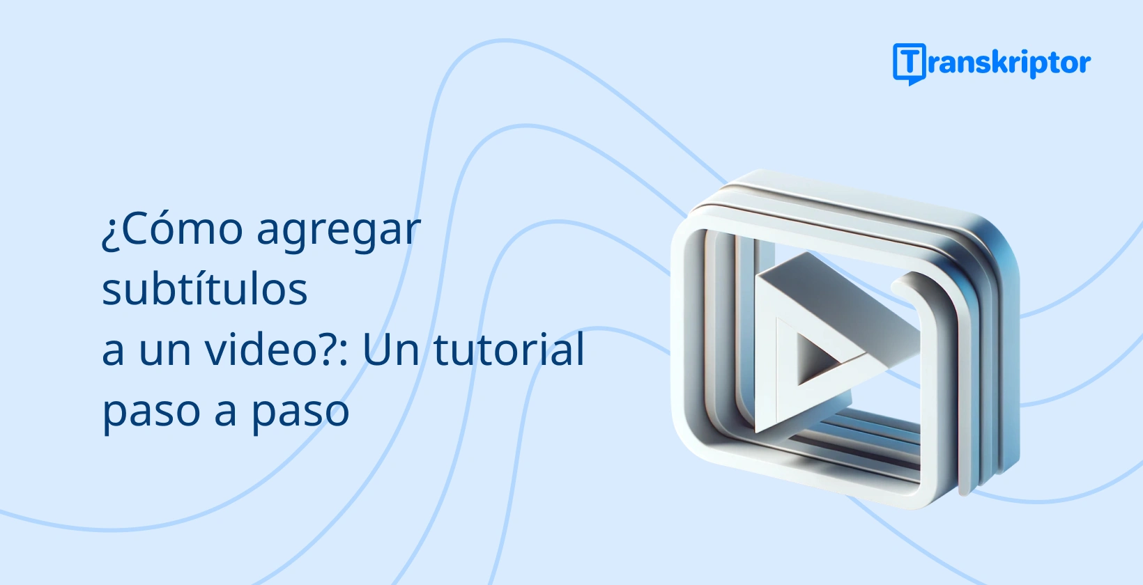 Banner tutorial paso a paso sobre cómo agregar subtítulos a los videos, con un ícono de botón de reproducción que simboliza la edición de video.