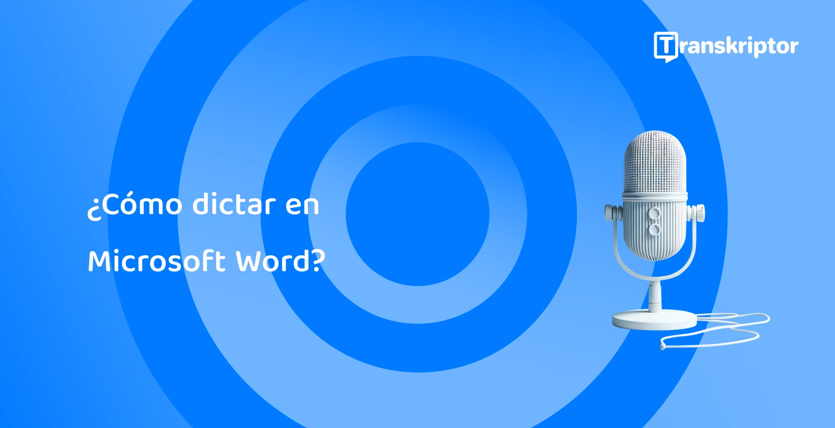 Un micrófono moderno sobre un fondo azul, que simboliza las funciones de dictado de voz en Microsoft Word.