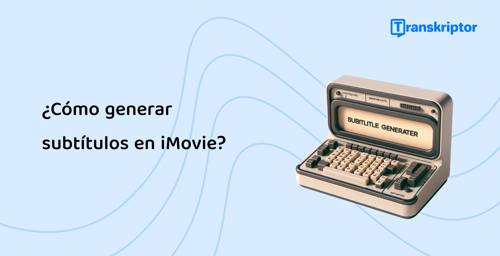 Una máquina de escribir vintage con generador de subtítulos que simboliza el proceso de creación de subtítulos en iMovie, mejorando la accesibilidad del video.
