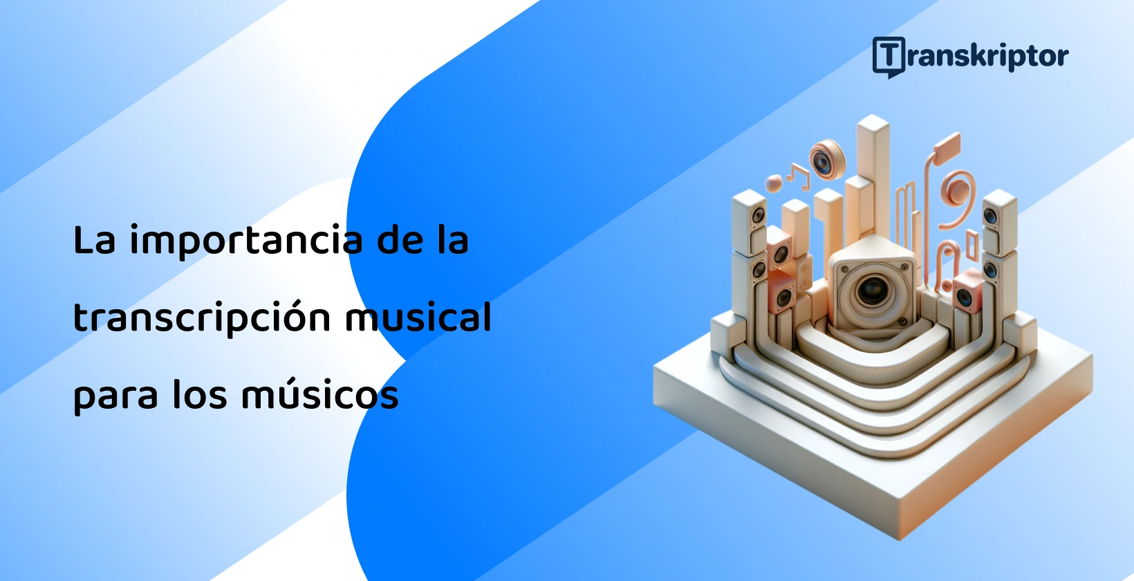 Configuración abstracta con notas musicales y elementos de altavoz que representan el papel crucial de la transcripción musical para los músicos.