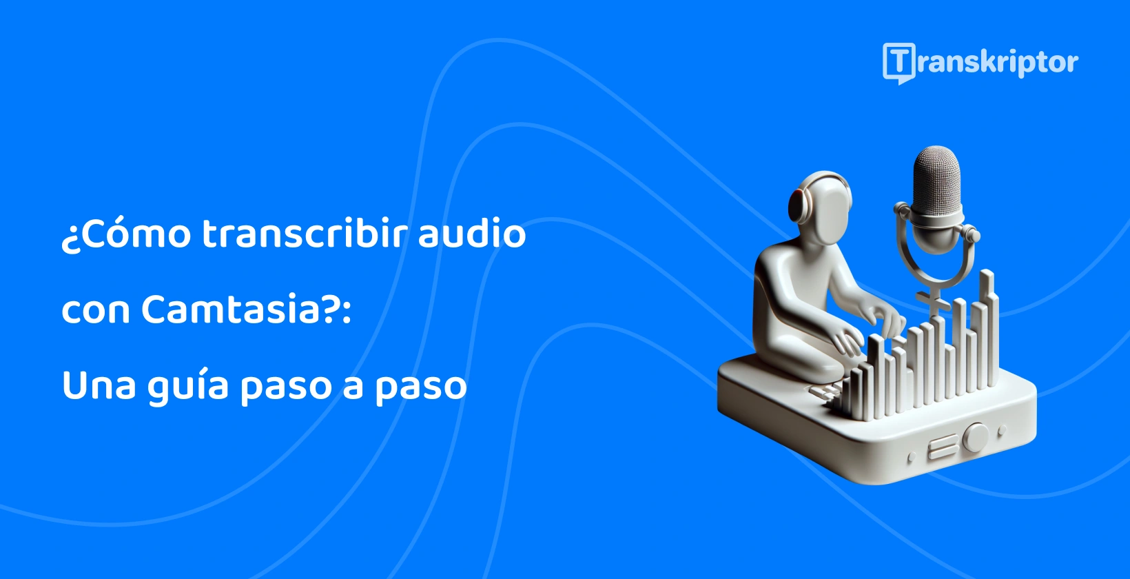 Proceso de transcripción de audio de Camtasia con una figura usando mesa de mezclas y micrófono.
