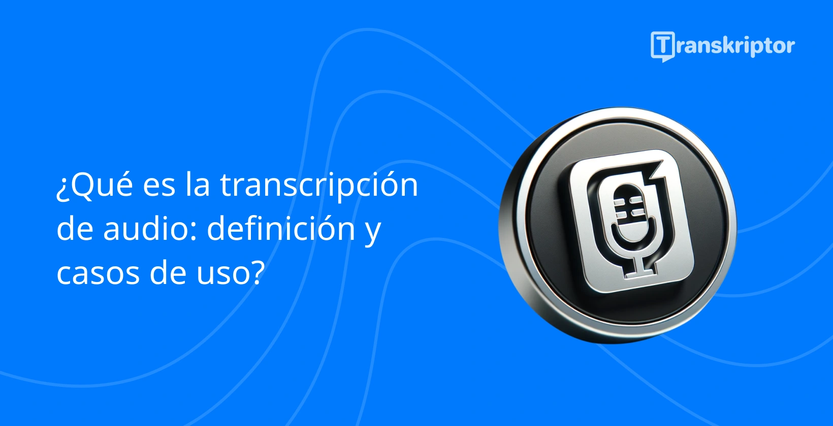 Icono de transcripción de audio con micrófono y documento sobre fondo azul para definir casos de uso de transcripción.