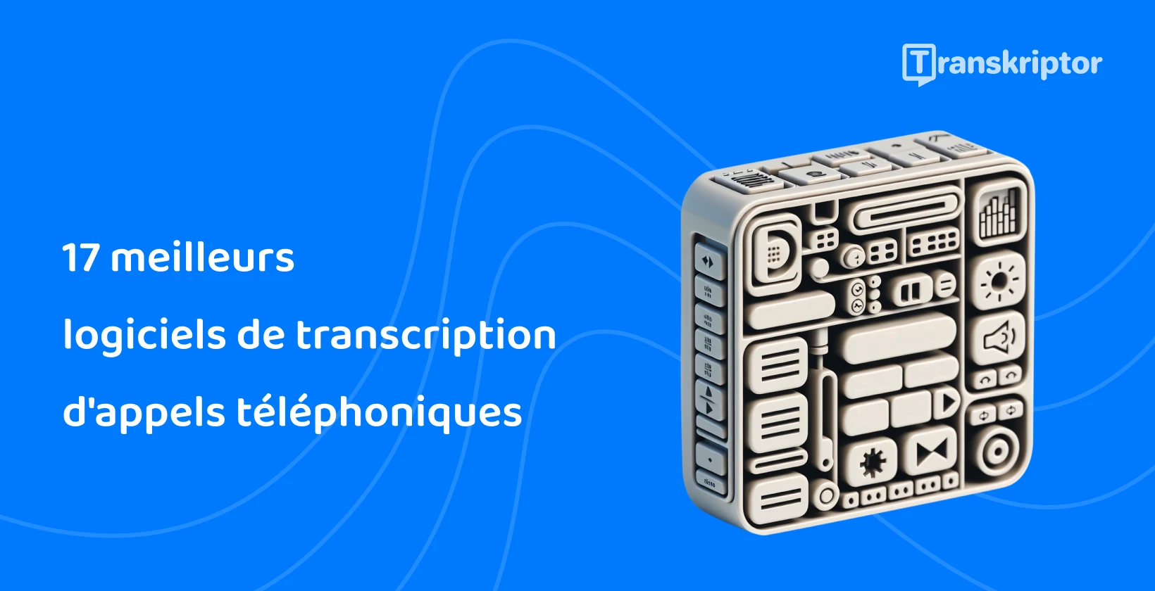 Appelez le cube d’icônes du logiciel de transcription illustrant les fonctionnalités efficaces de Transkriptor.