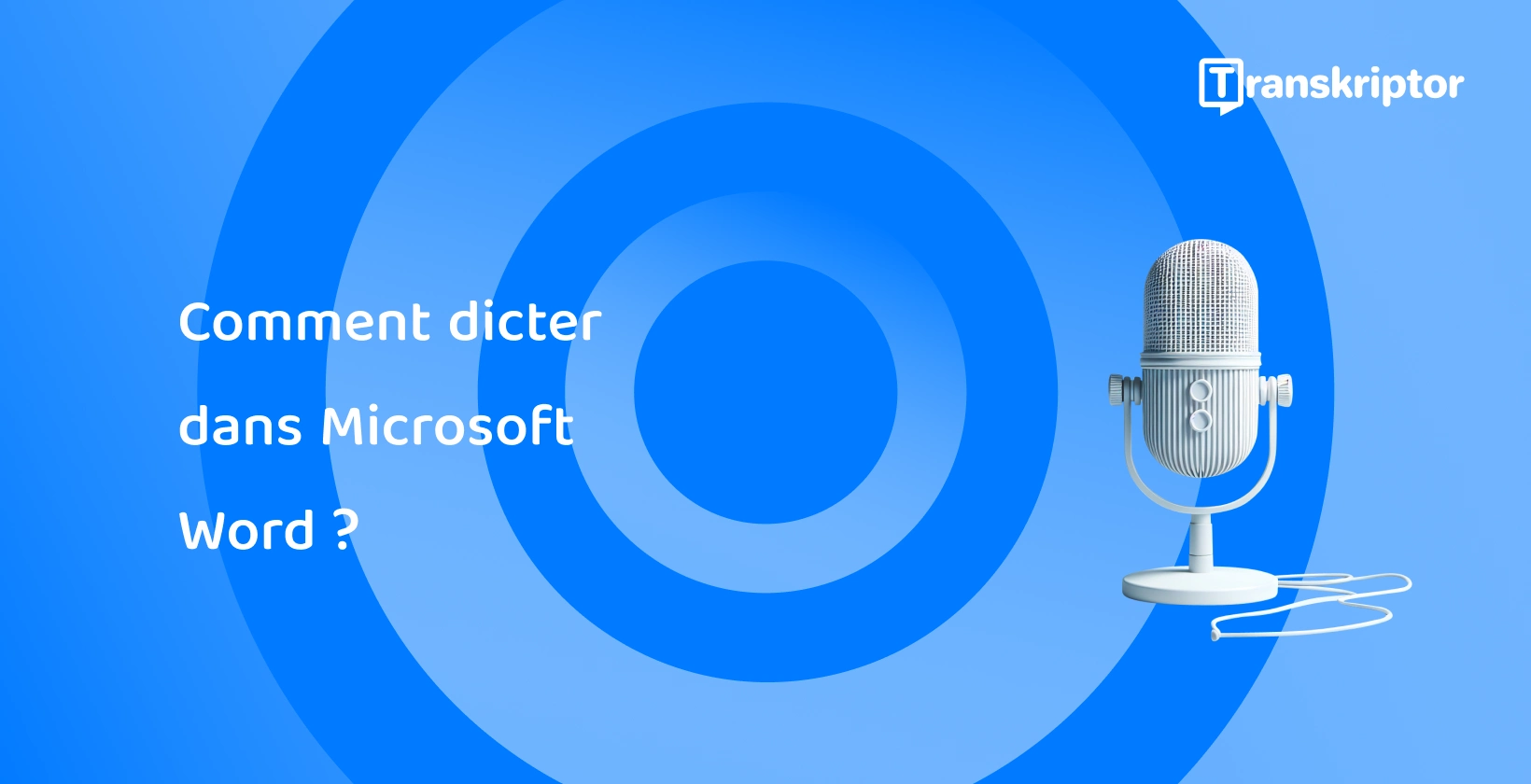 Un microphone moderne sur fond bleu, symbolisant les fonctionnalités de dictée vocale dans Microsoft Word.