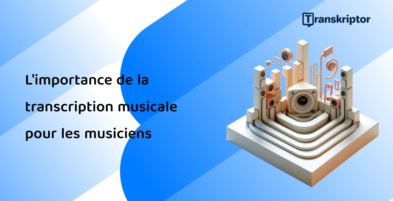 Configuration abstraite avec des notes de musique et des éléments de haut-parleur décrivant le rôle crucial de la transcription musicale pour les musiciens.