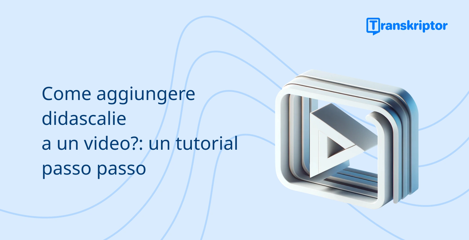 Banner tutorial passo-passo sull'aggiunta di didascalie ai video, con un'icona del pulsante di riproduzione che simboleggia l'editing video.