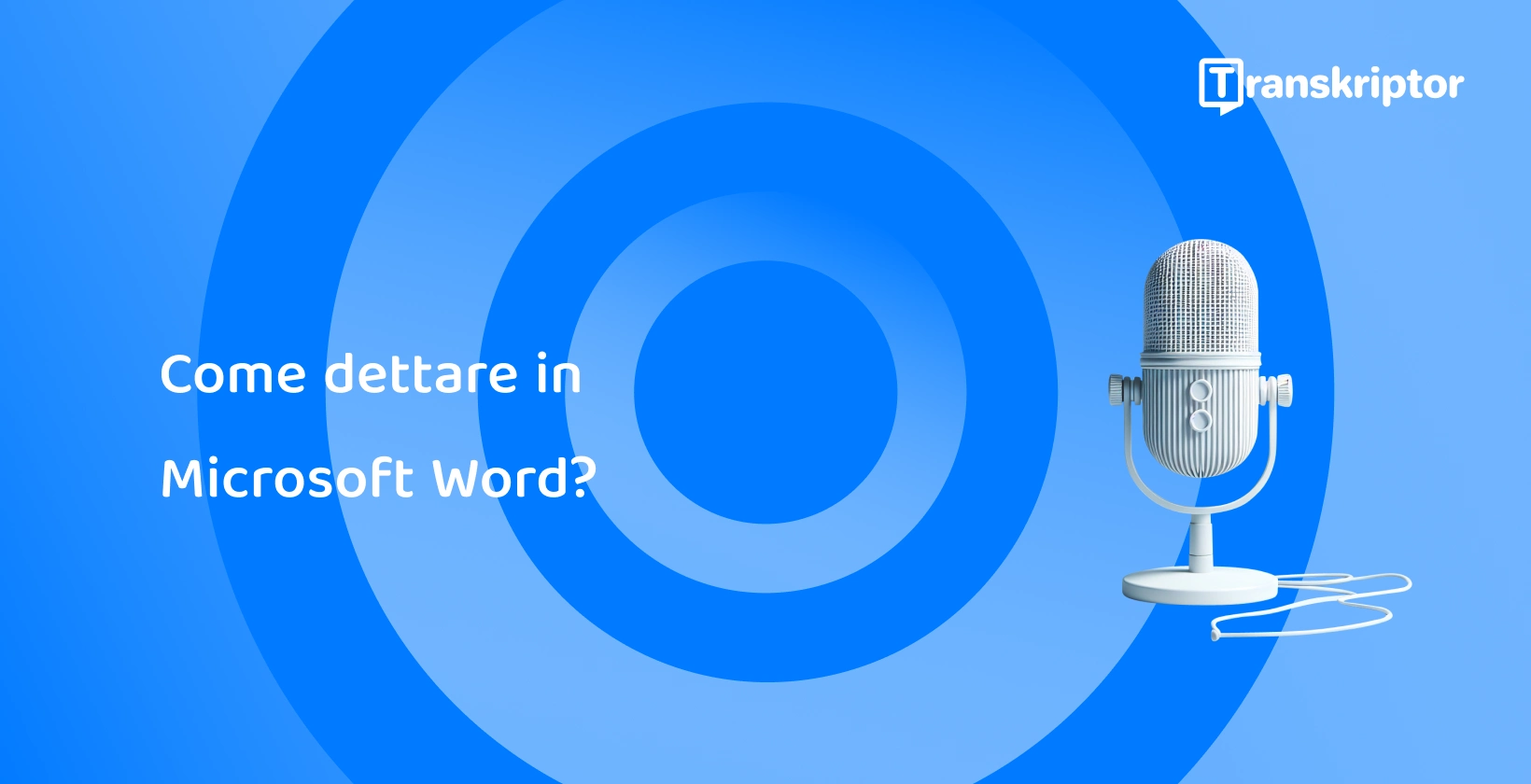 Un microfono moderno su sfondo blu, che simboleggia le funzionalità di dettatura vocale in Microsoft Word.