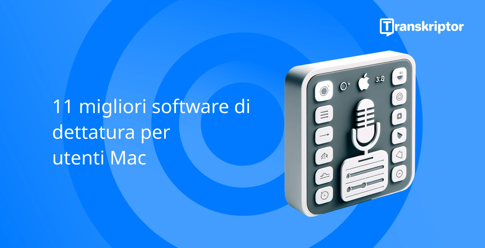 Il miglior software di dettatura per Mac con microfono e logo Apple, che indica la compatibilità.