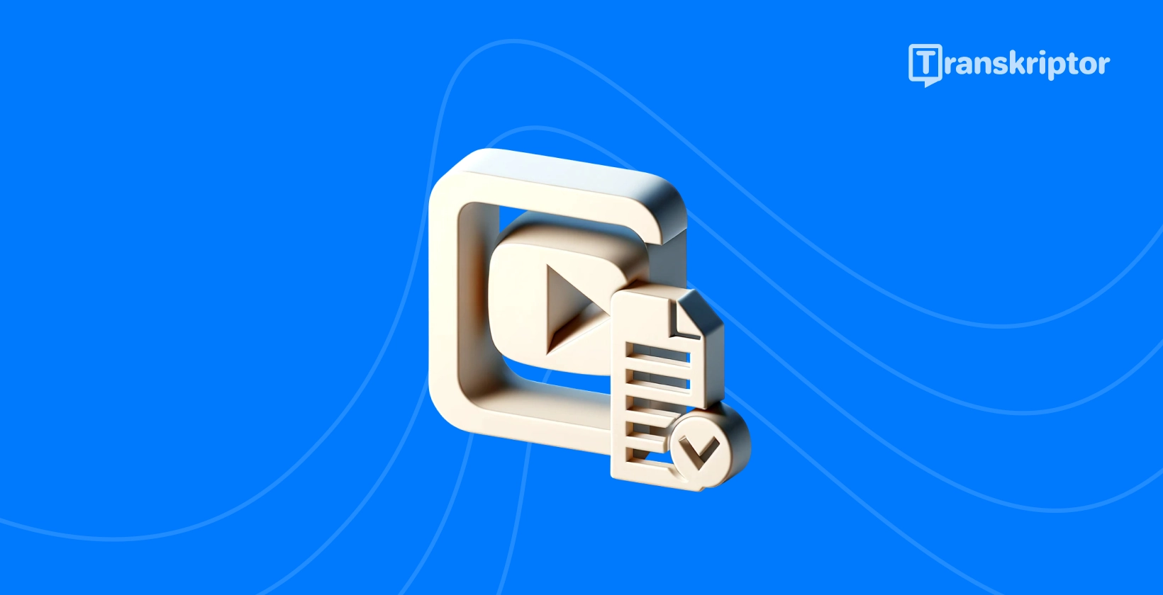 Pictograma serviciilor de transcriere cu buton de redare și document simbolizând conversia video YouTube în text.