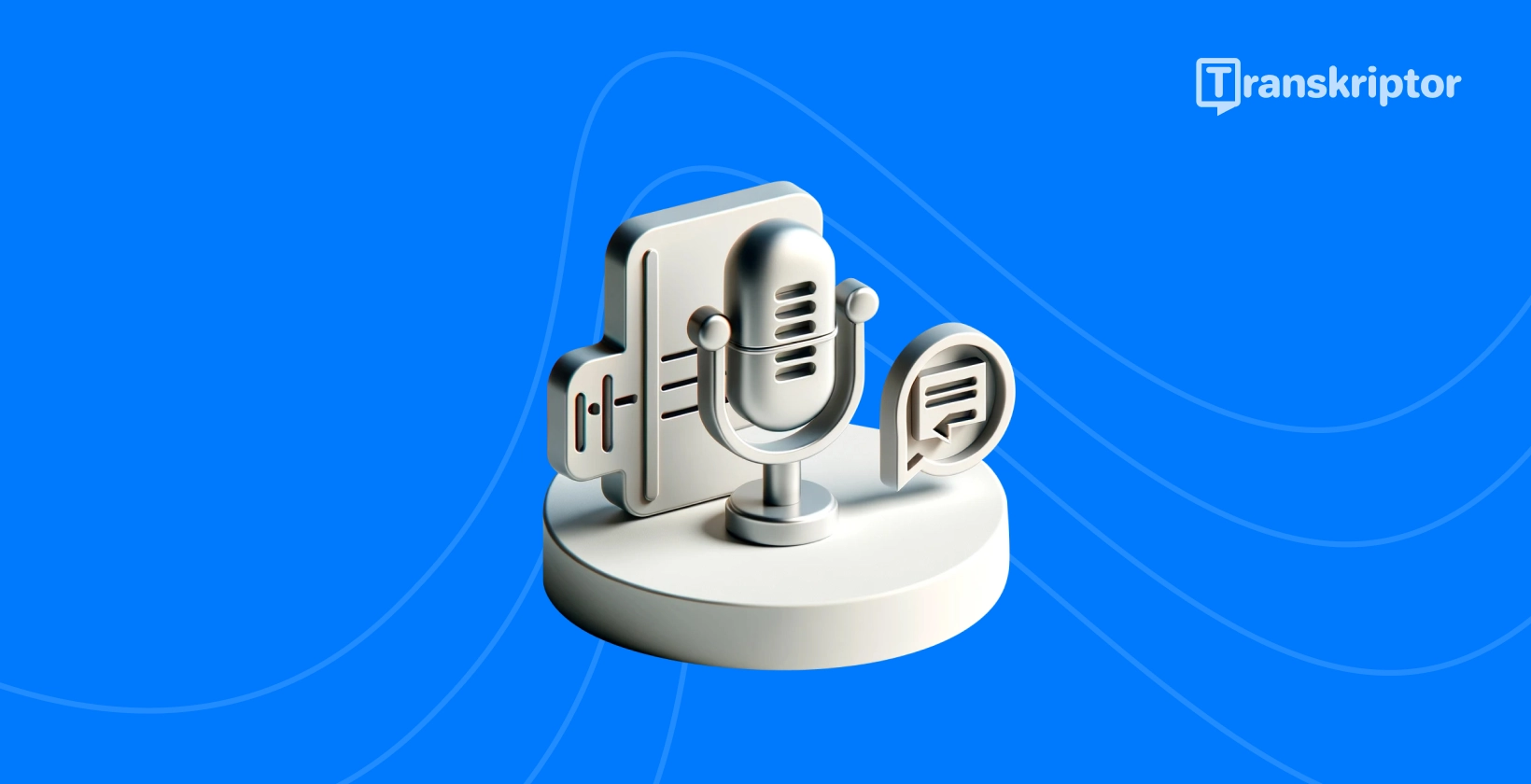 Transkripsjonstjenester representert av en 3D-mikrofon og snakkebobler.