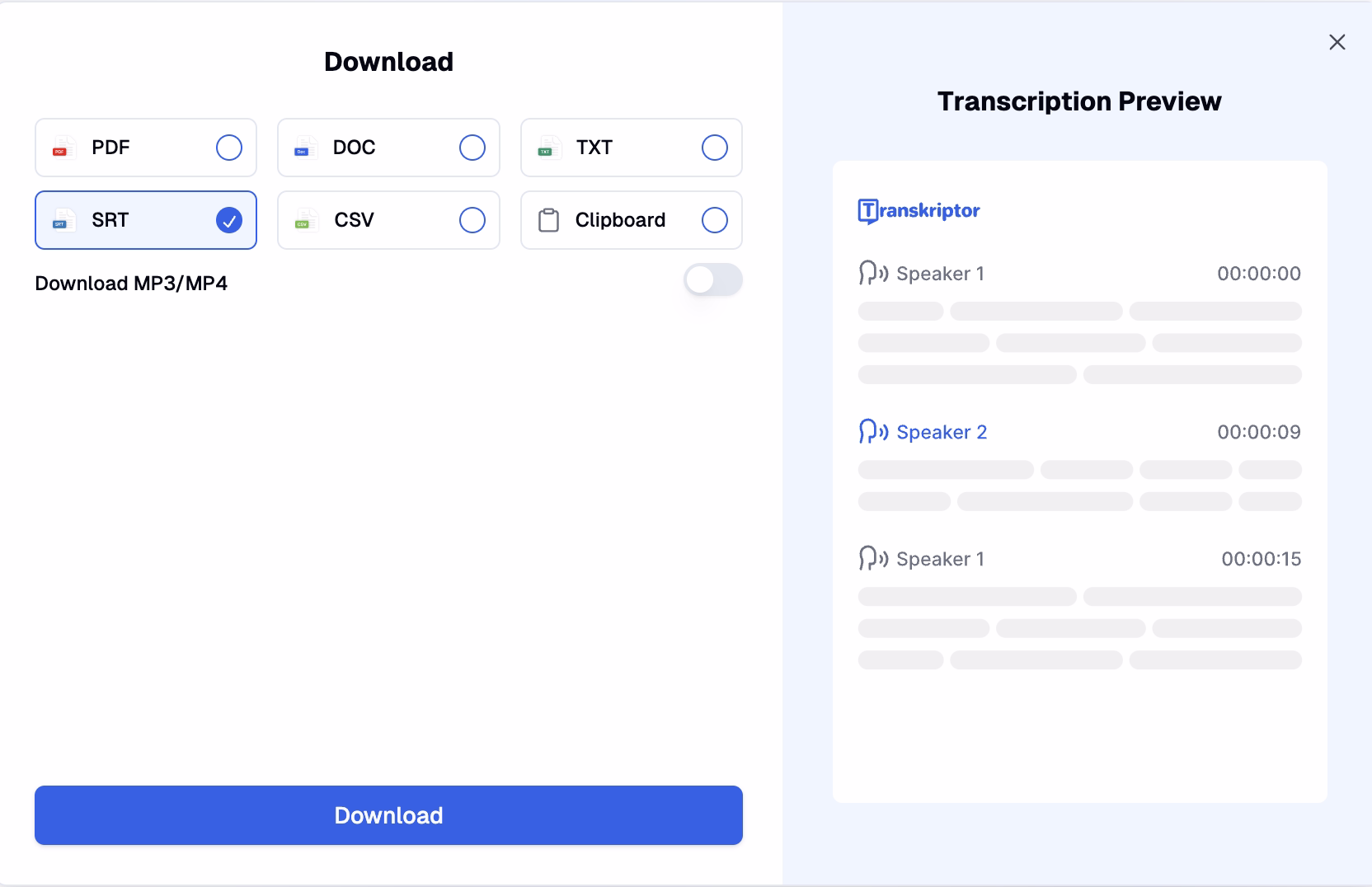 ממשק הורדה המציג אפשרויות פורמט מרובות כולל PDF, DOC, TXT ו-SRT