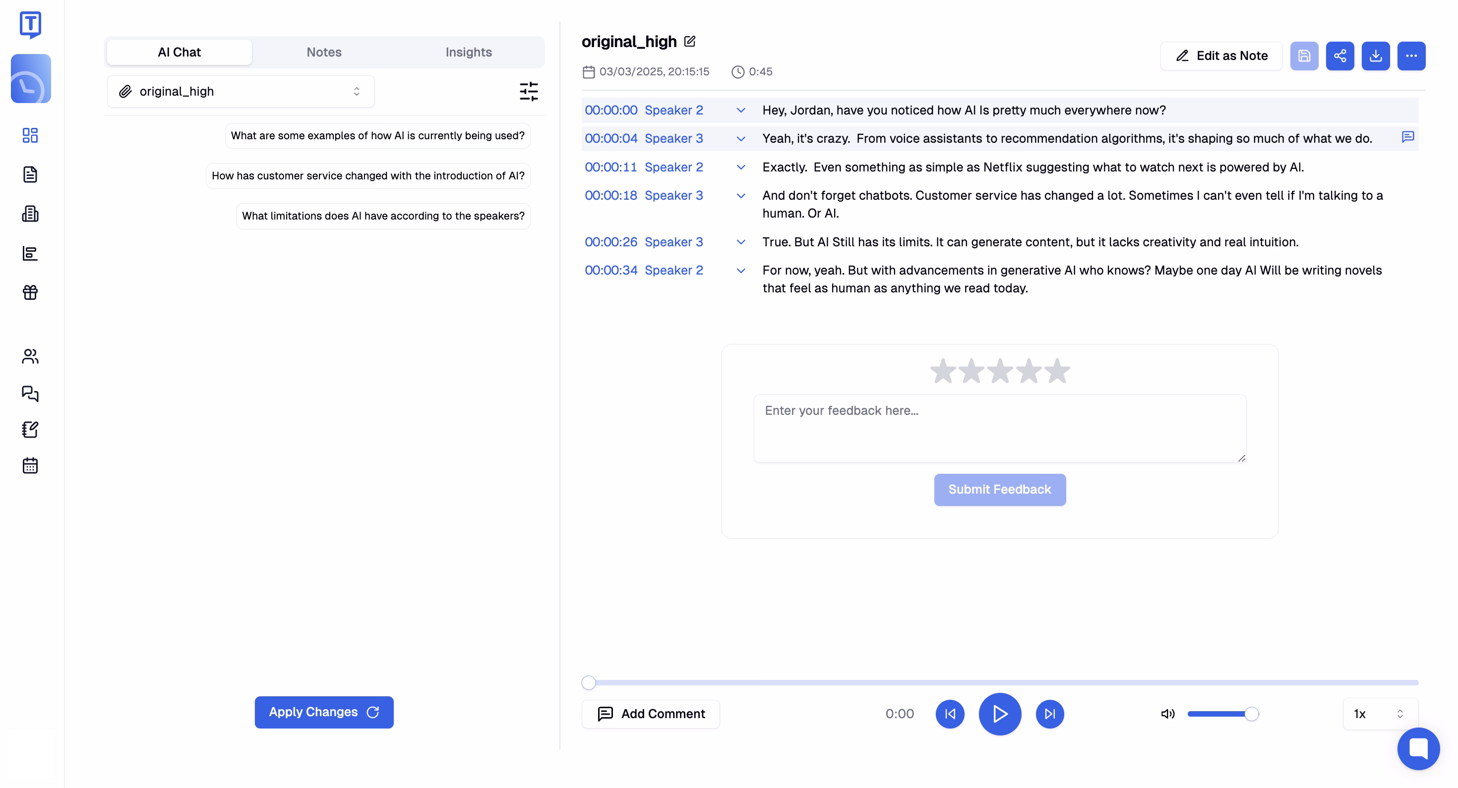 AI-powered conversation interface with speaker identification and timestamp-based transcription