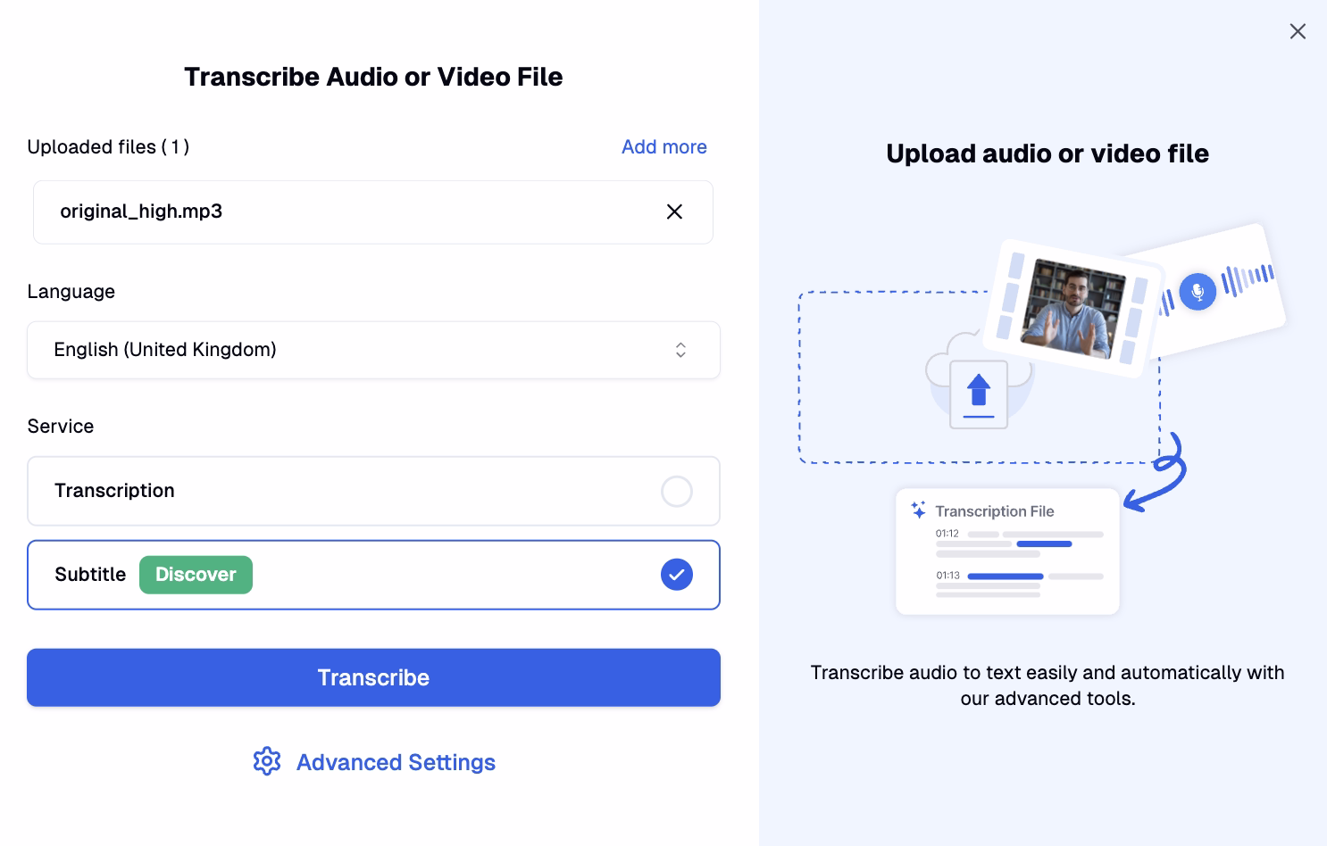 Audio file upload interface with language selection and subtitle generation options