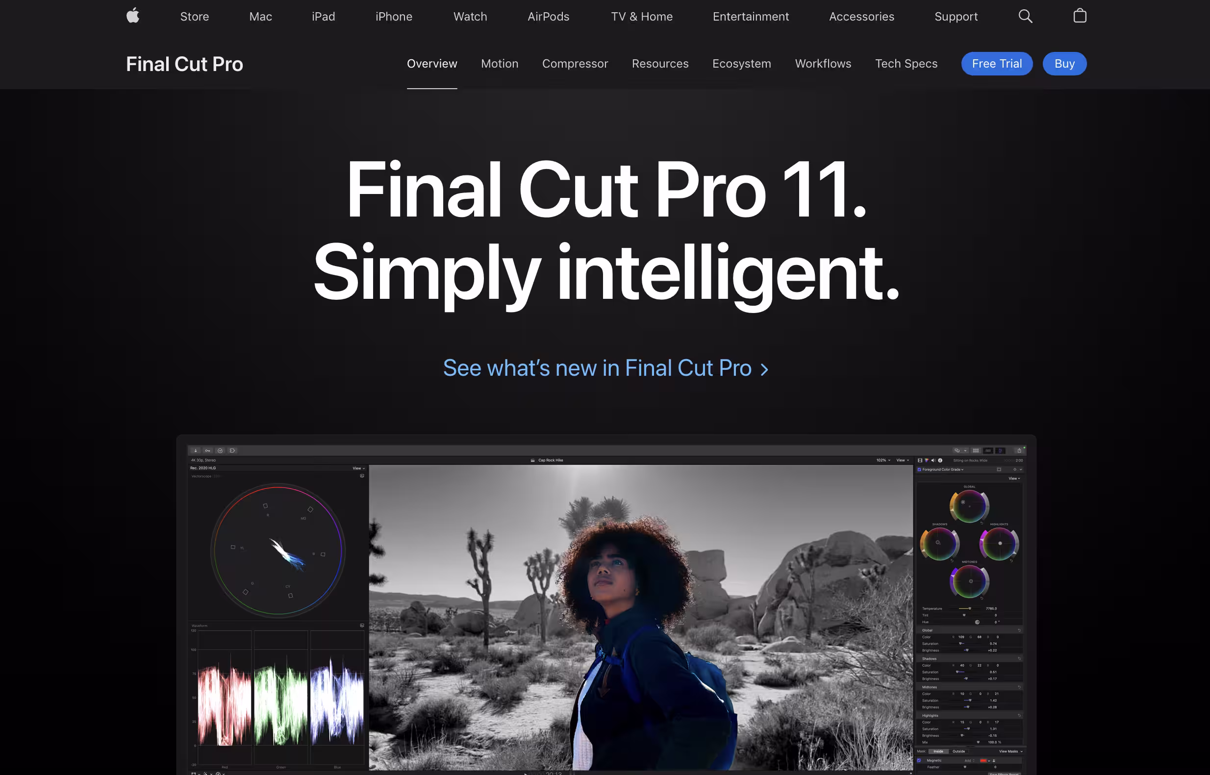 Final Cut Pro 11 website showcasing editing interface with color correction tools