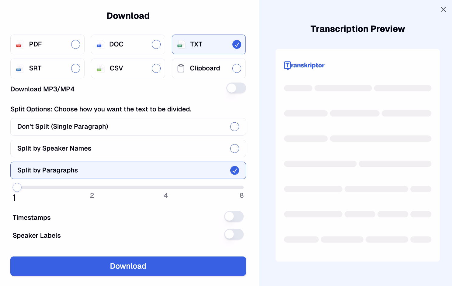 Download options panel displaying various file format choices and paragraph splitting settings