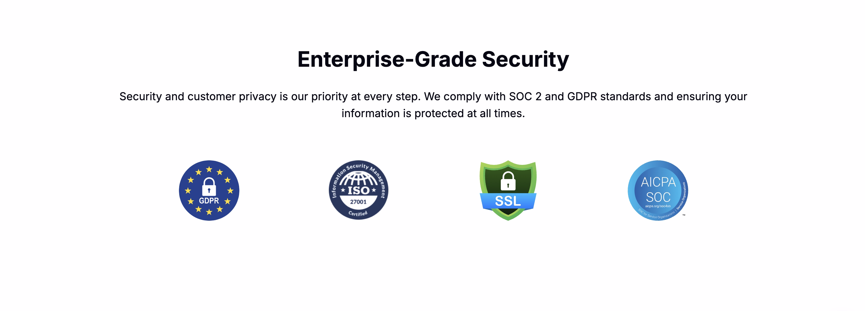 Enterprise-grade security certifications including GDPR, ISO, SSL and SOC compliance badges