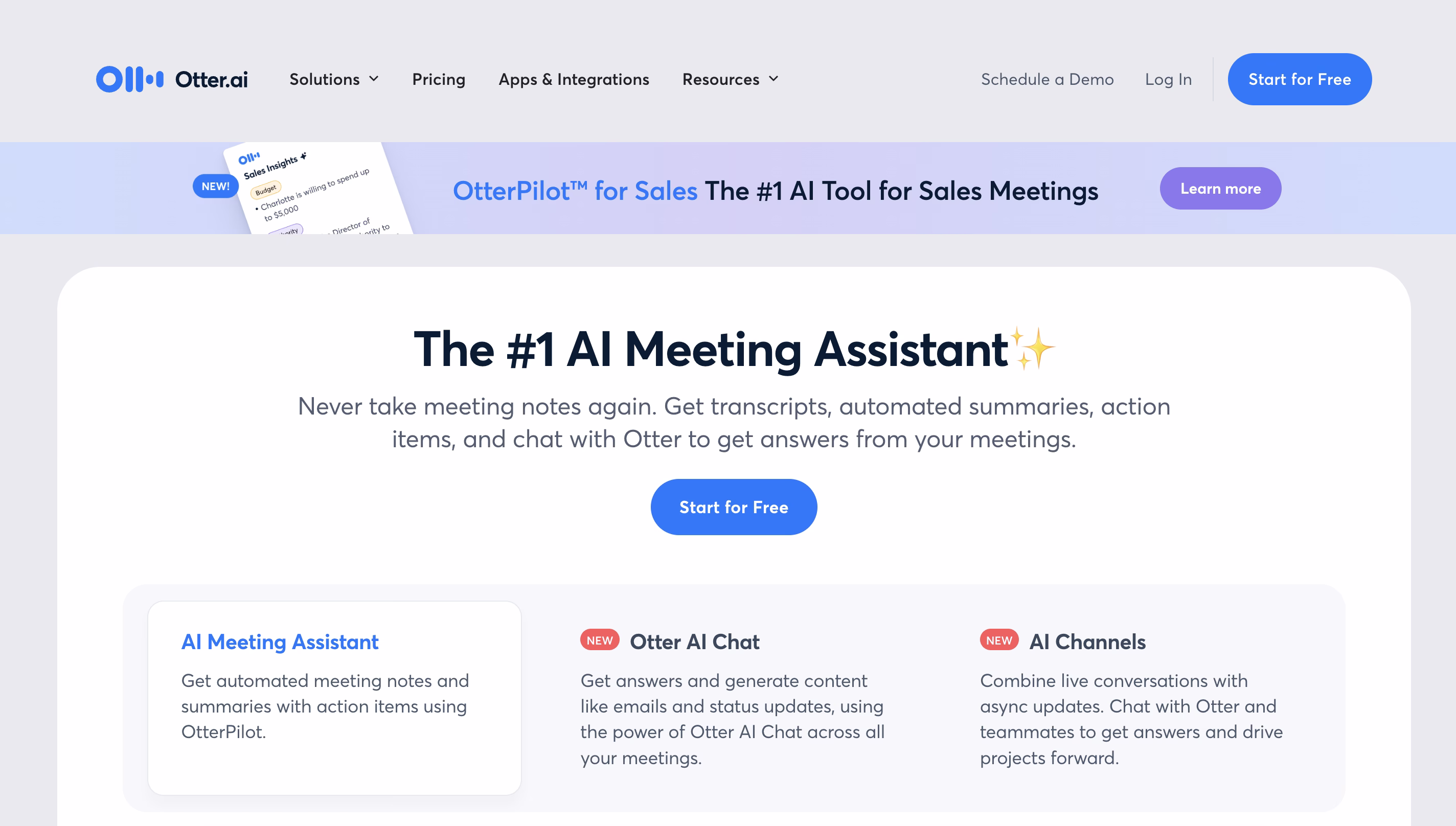 Otter.ai website showing AI meeting assistant features and automated transcription tools