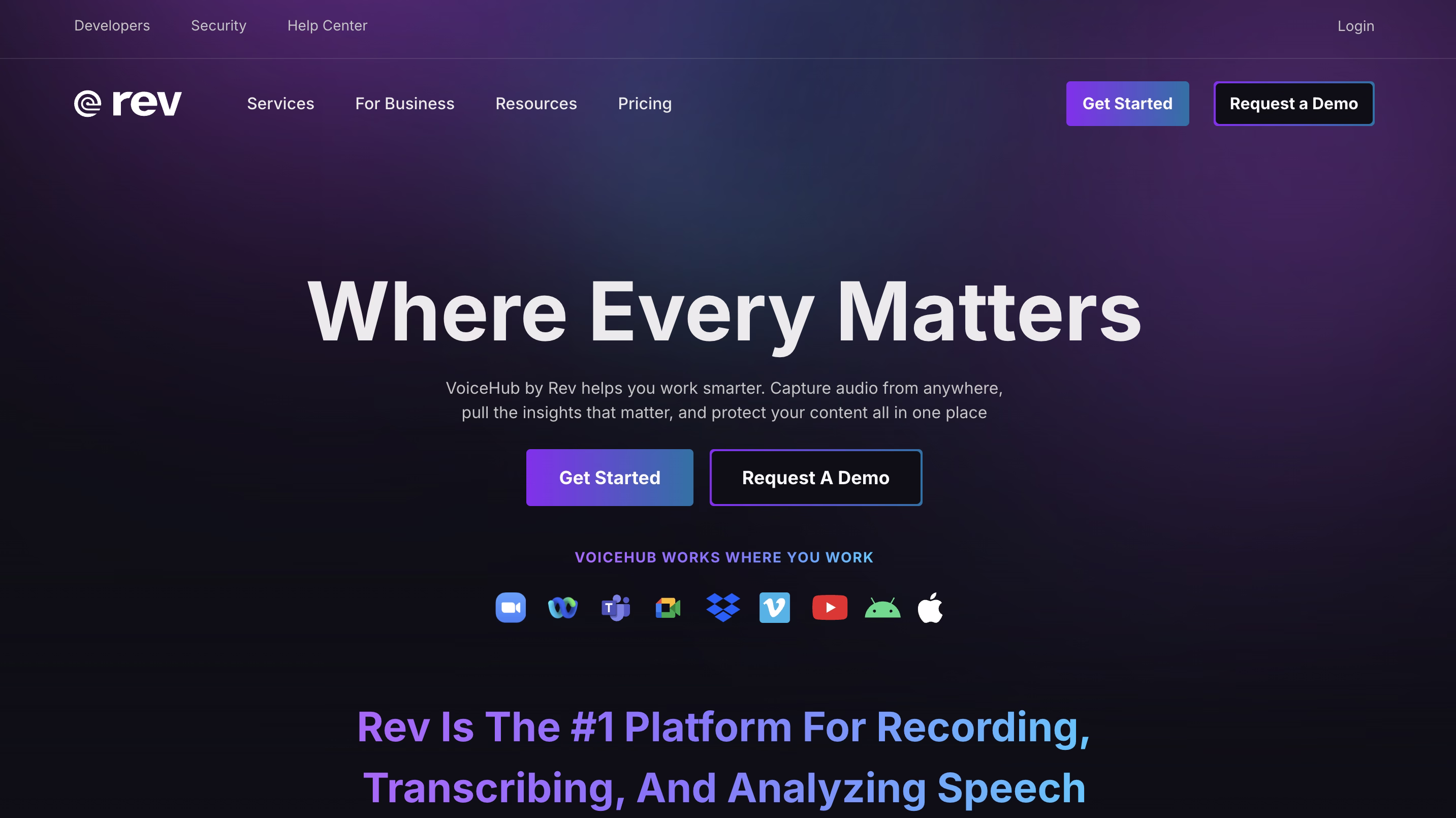 Rev transcription platform homepage showcasing its voice capture service and integrations