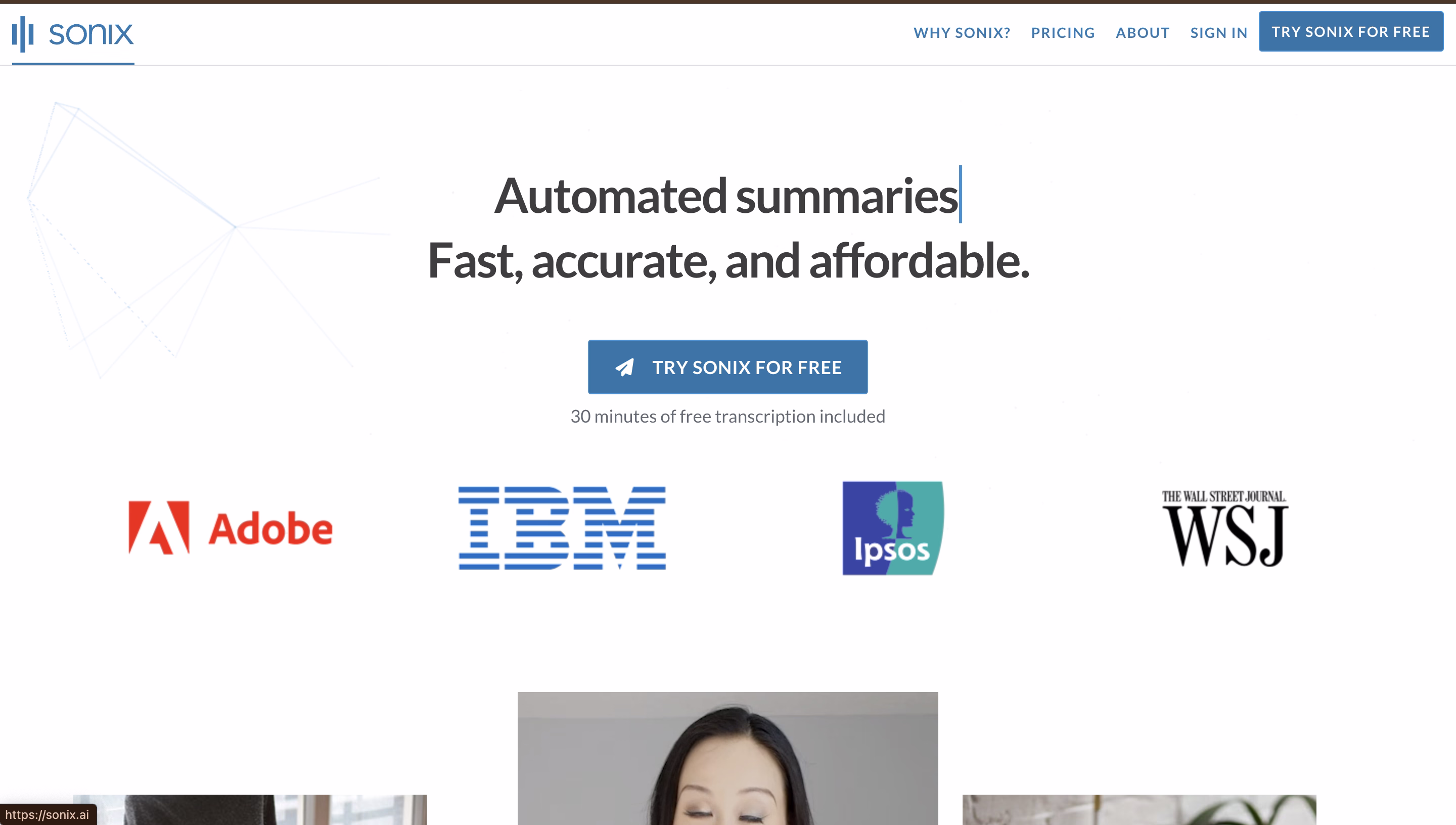 Sonix website featuring