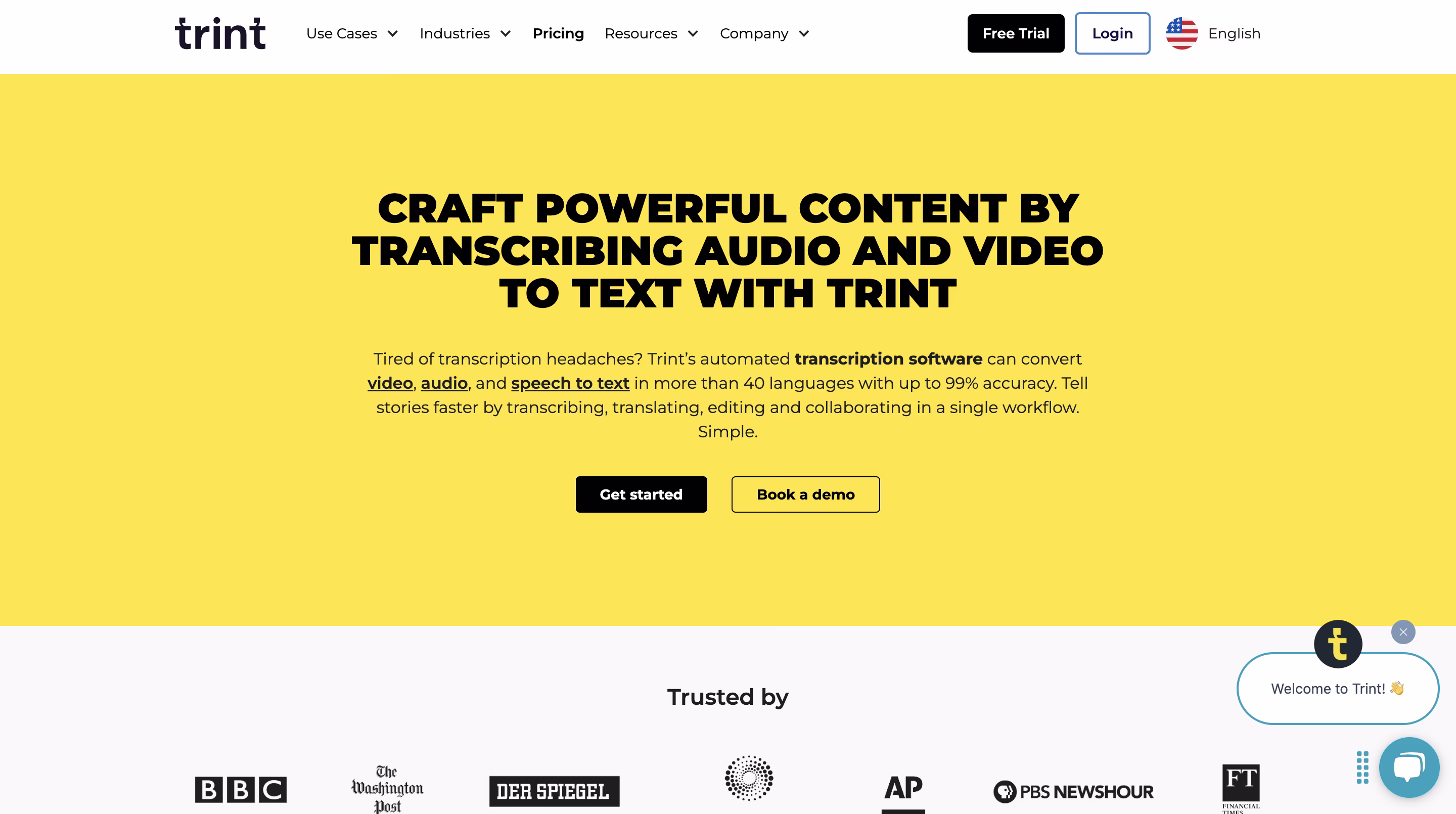 Trint's homepage with yellow background highlighting audio and video transcription capabilities