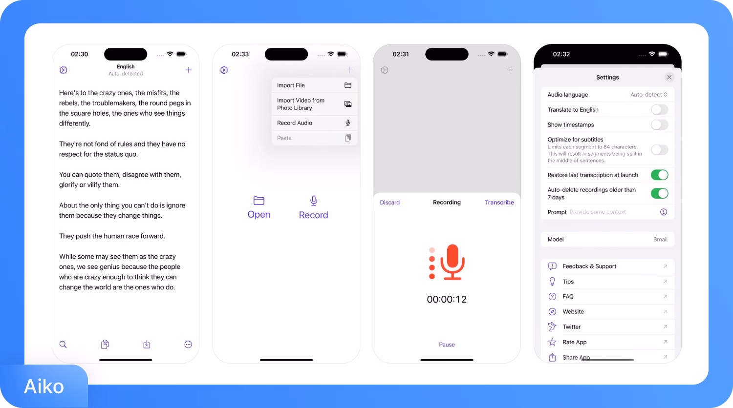 iPhoneでの文字起こしと録音機能を紹介するAikoアプリのインターフェース。