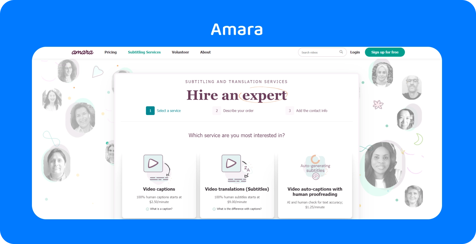 A página da Amara mostra como adicionar facilmente legendas a vídeos online, melhorando a acessibilidade do espectador.