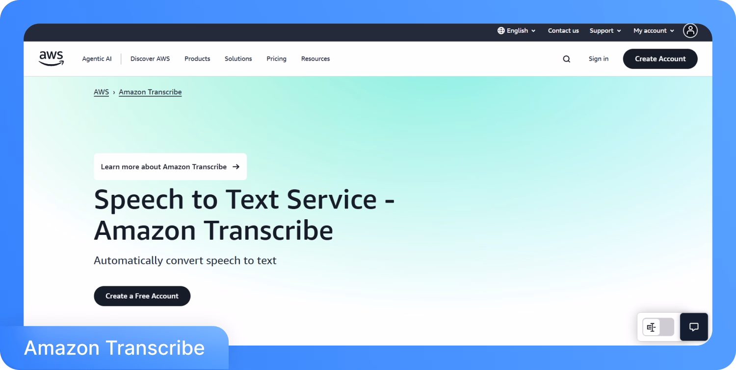 דף האינטרנט של Amazon Transcribe לשירות המרת דיבור לטקסט המציע המרה אוטומטית.