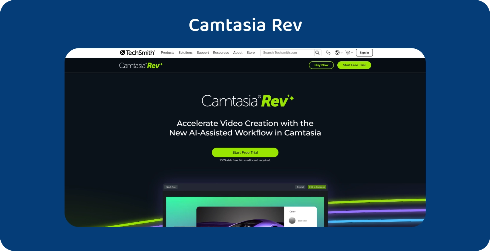 واجهة الجدول الزمني لتحرير الفيديو في Camtasia ، مع تسليط الضوء على ميزات النسخ والتحرير.