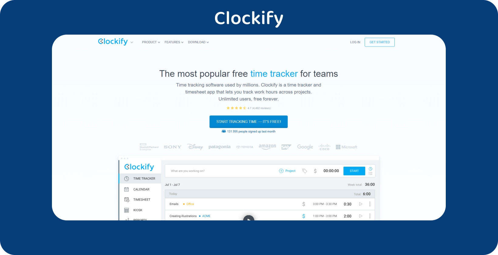 تعرض واجهة تطبيق Clockify المؤقت وتتبع المشروع ، مما يعزز إدارة الوقت.