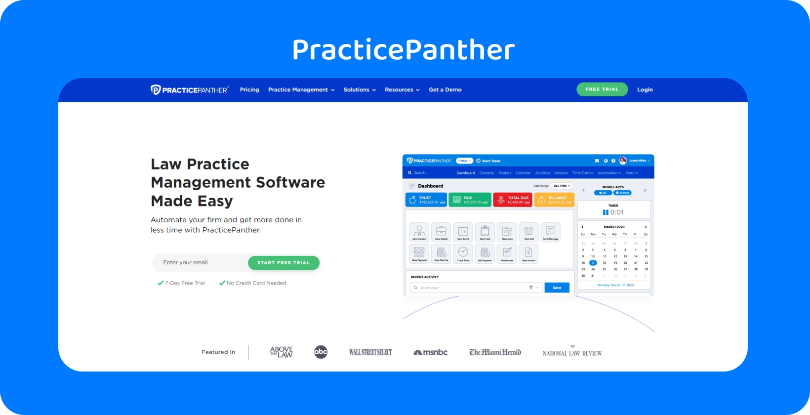 لوحة معلومات PracticePanther ، تعرض أدوات لإدارة ممارسة القانون.