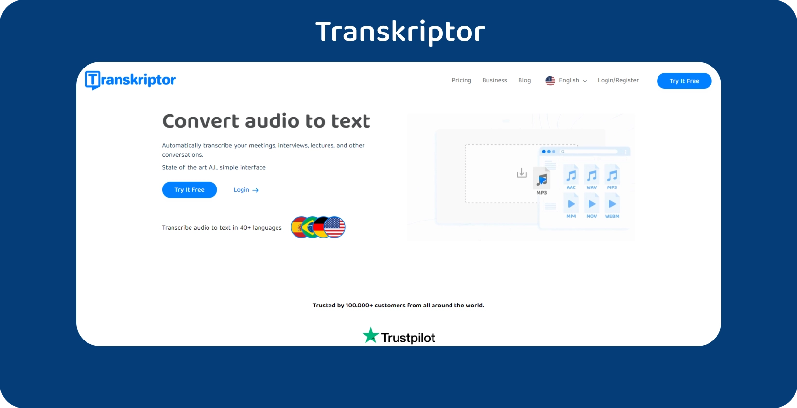 Transkriptor الصفحة الرئيسية مع عبارة واضحة تحث المستخدم على اتخاذ إجراء ، وتقدم خدمات النسخ الصوتي إلى نص.