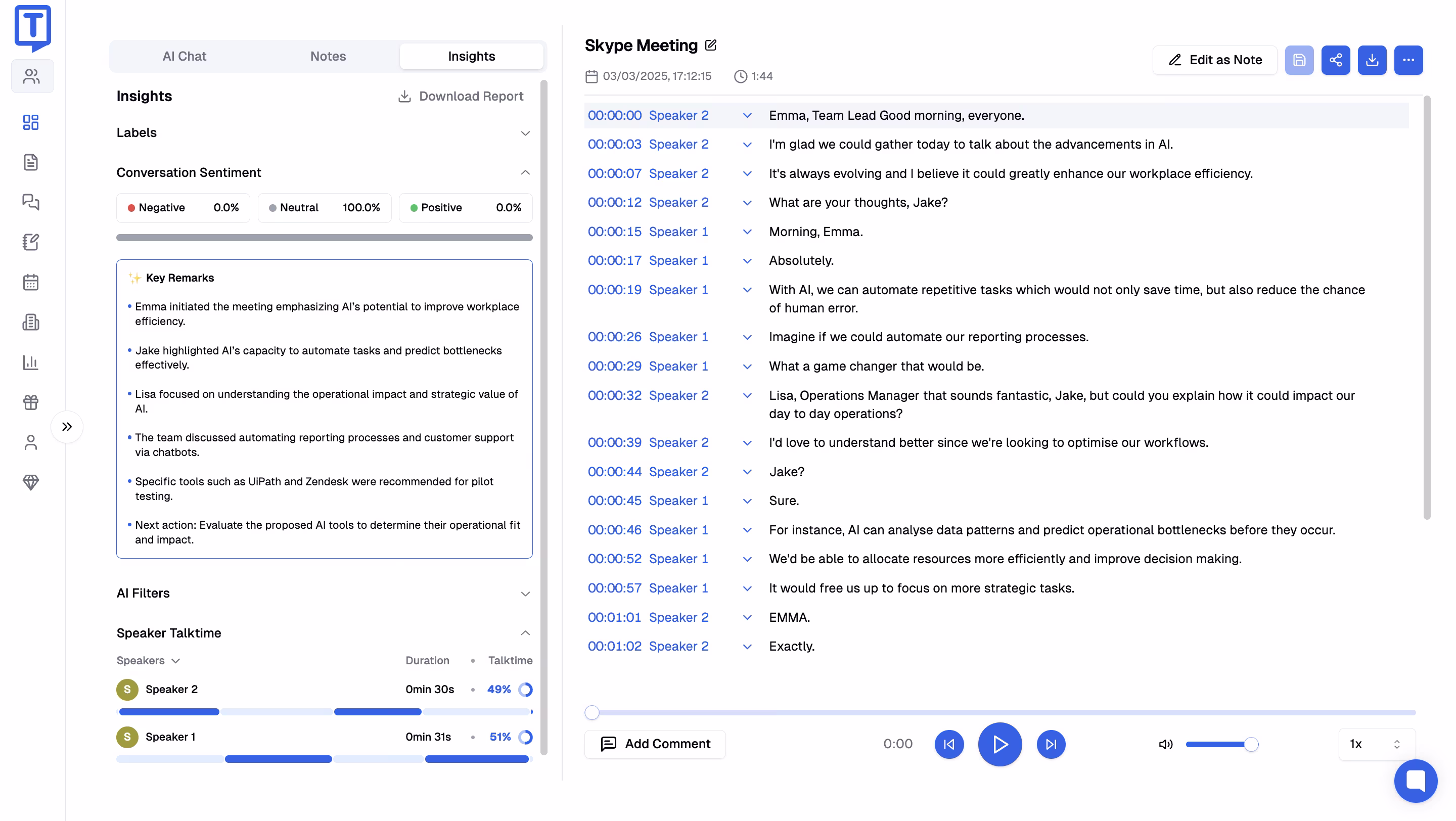 Transcription interface displaying conversation between speakers with timestamps and sentiment analysis