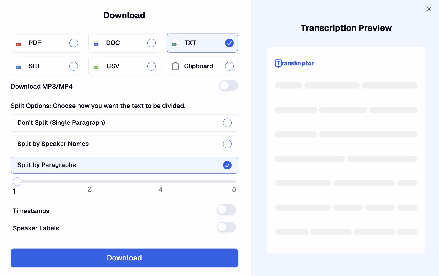 Transcription export interface with various file format options and text division settings