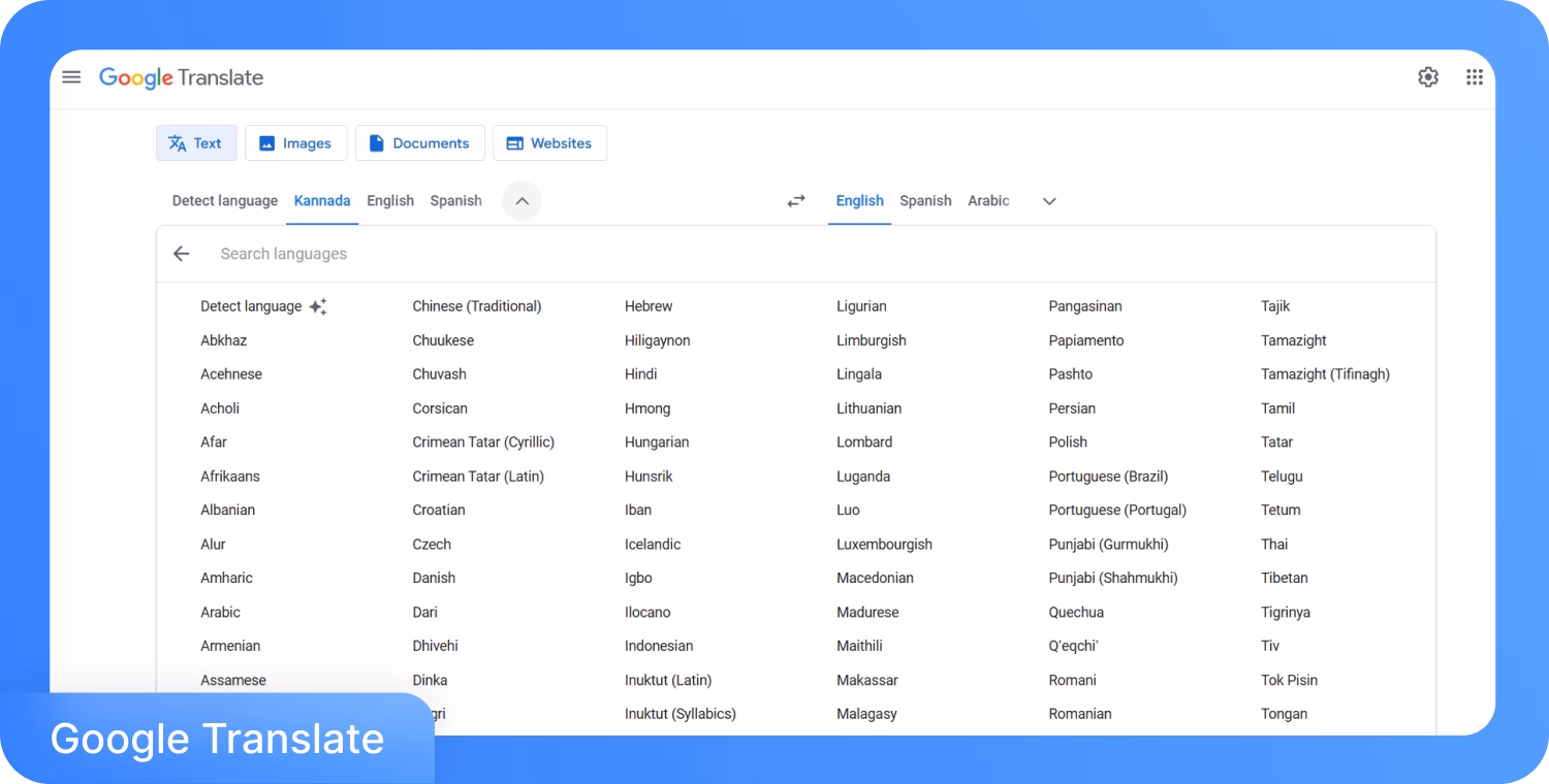 Interface do Google Tradutor exibindo opções de idiomas para tradução.