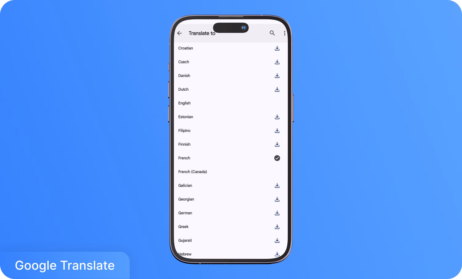 Tela de seleção de idioma do aplicativo Google Tradutor em um smartphone.